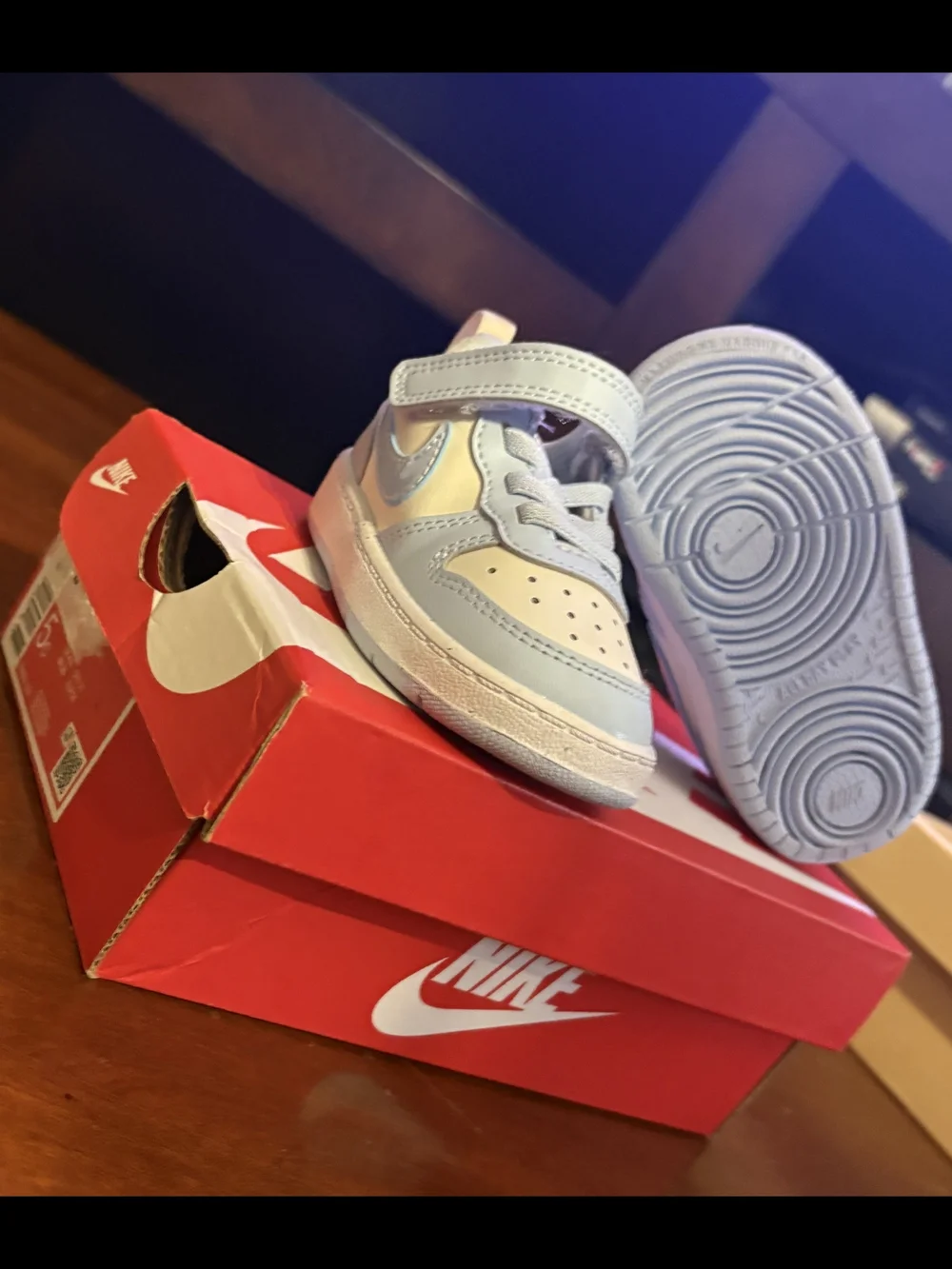 Nike Kids Light Blue and Cream Velcro Sneakers